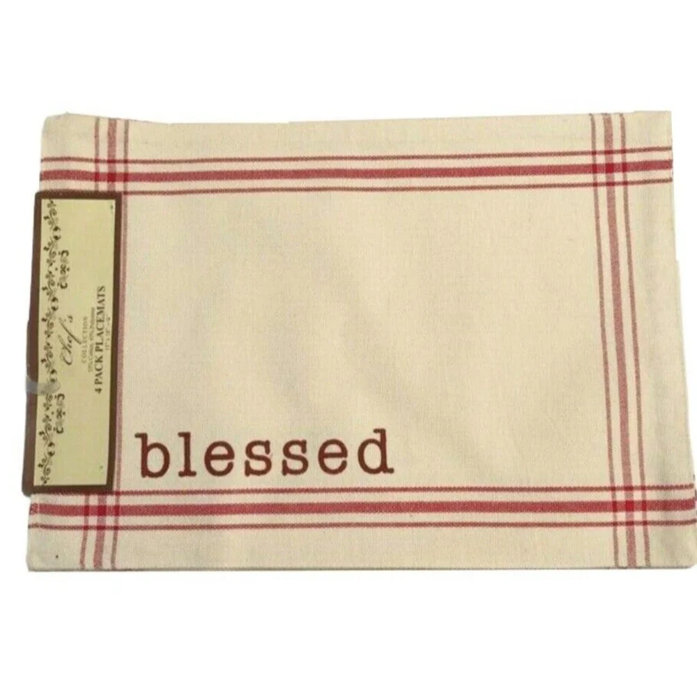 Chef's Collection Blessed Fabric Placemats Set of 4 Ecru Red Machine Wash
